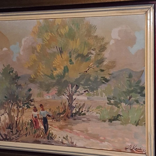 Antonis Kanas 'Agrotikon, Athens - Mesogeia' oil on wood painting