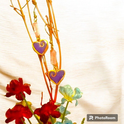 Handmade earrings with pink nephrite gemstone and clay heart
