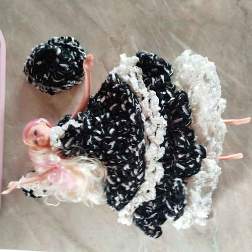 Doll with handmade dress, hat and bag, new