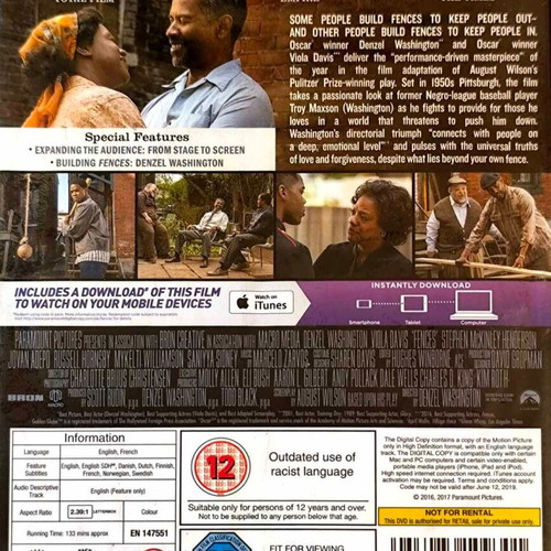 Fences DVD drama movie with Denzel Washington, English subtitles, sealed