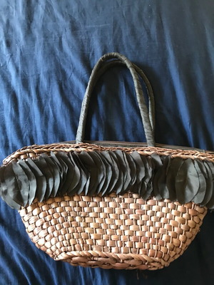 Large straw handbag like new, brown with satin details