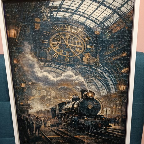 Puzzle 1000 pieces like new with white wooden frame, vintage steam train