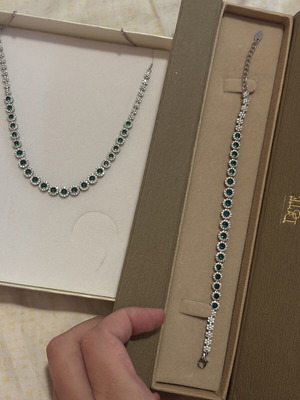 925 Silver Necklace and Bracelet Set with Green Rosettes, New