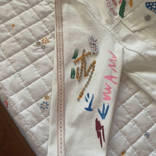 Rock denim jacket white with pearls and colorful details like new