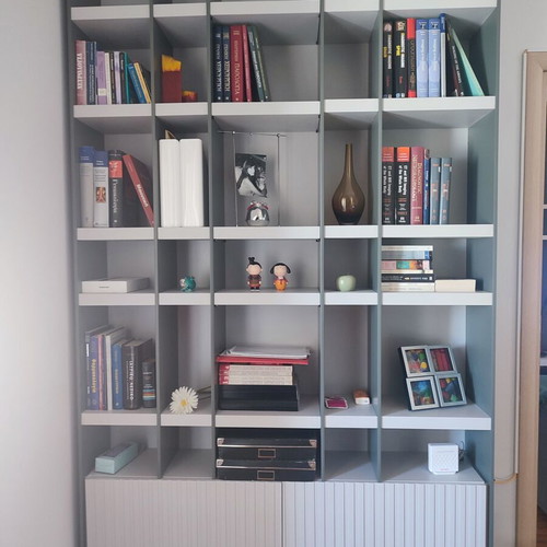 Modern bookcase new, matte lacquer, gray tones
