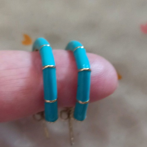 Heart-shaped steel earrings in turquoise and gold color, like new