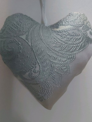 Fabric heart new, satin with embossed light blue design