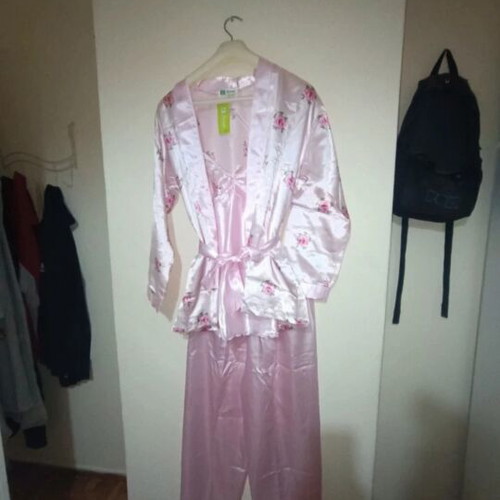 Women's satin sleepwear set 3 pieces new, floral pink