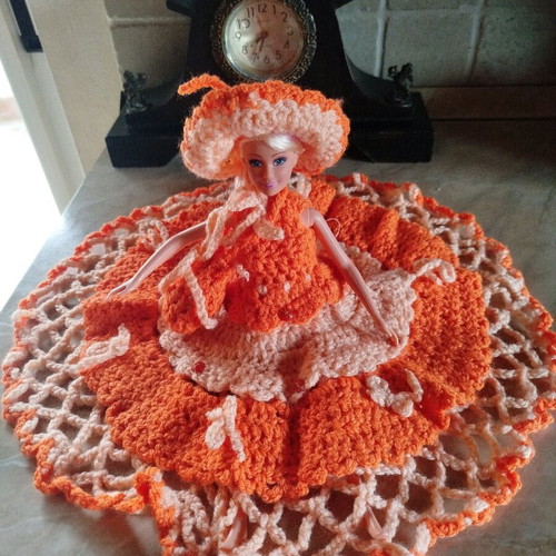 Doll with handmade dress, hat and bag new