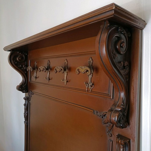 Handmade walnut coat rack used, 1970s with brass hooks