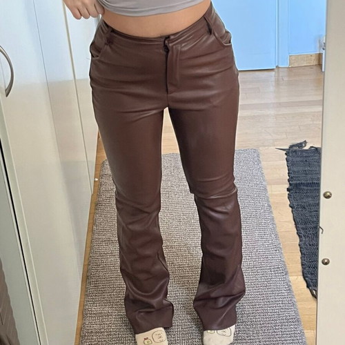 Meshki High Rise Straight Cut Faux Leather Pants used, brown, size XS