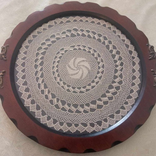 Wooden tray with handmade embroidery and brass handles like new