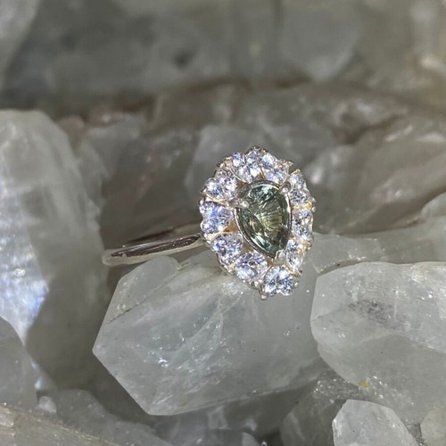 Silver Ring with Natural Green Tourmaline and Moissanite, new