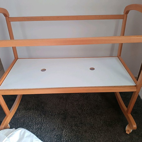 Vintage wooden baby cot with used Greco Strom mattress