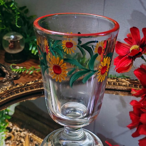 Retro pressed glass collector's cup, hand-painted sunflower design