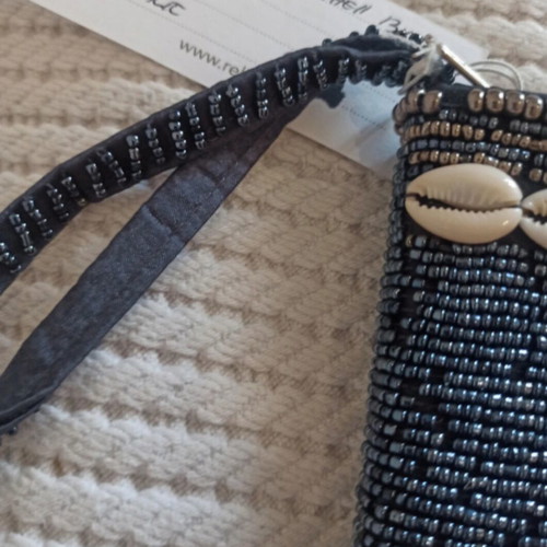 Clutch with beads and shells, new, gray and blue