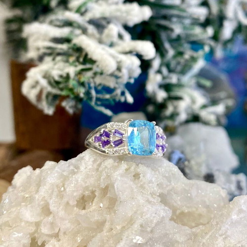 Handmade silver ring with natural aquamarine, amethyst and moissanite