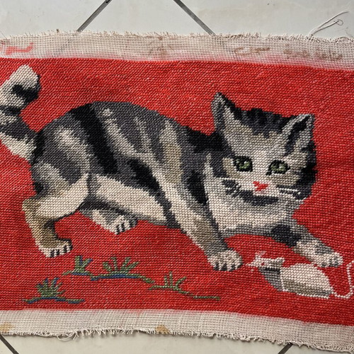 Handmade textile painting used, framed, 0.42x0.27 m