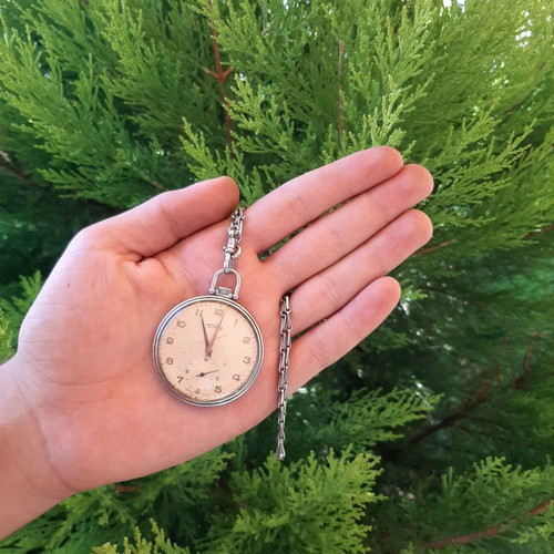 Pocket Watch Technos used, with silver chain, 1947, Swiss Made