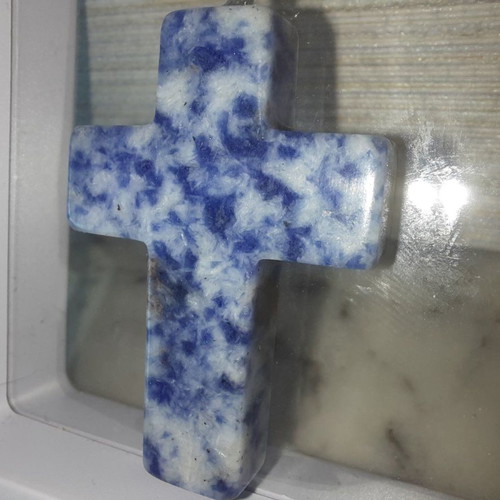 Cross made of natural blue quartz crystal new