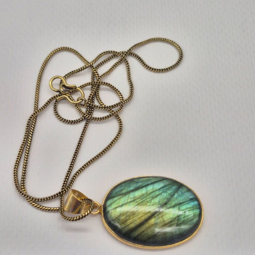 Labradorite Cabochon Brass Necklace new, brass chain