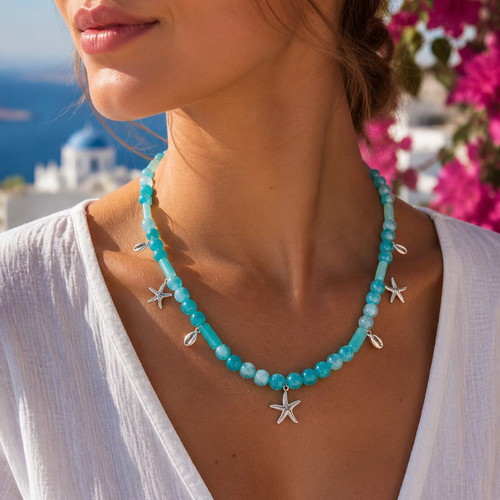 Handmade Long Necklace with Blue-Green Precious Stone JADE and metallic stars and shells