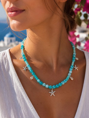 Handmade Long Necklace with Blue-Green Precious Stone JADE and metallic stars and shells