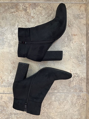 Black suede boots with high heel and black stones, size 38