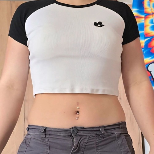 Primark crop top white and black with black flower