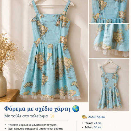 Vintage World Map Dress blue cotton skater dress, new
