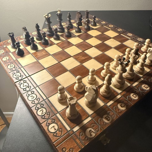 Handmade wooden chess set like new with folding board