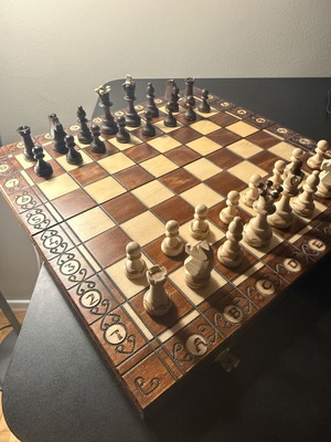 Handmade wooden chess set like new with folding board