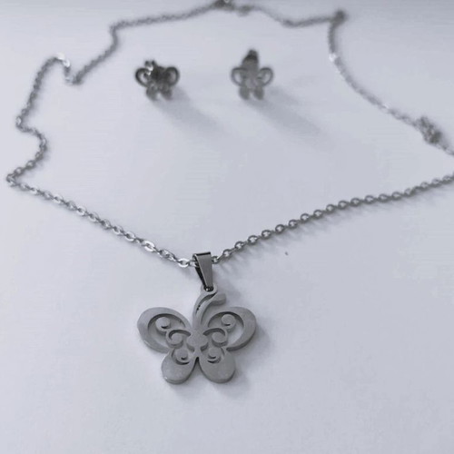 Minimal butterfly necklace and earrings set in stainless steel new silver