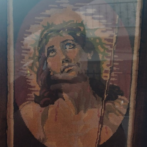 Embroidered religious framed artwork with Jesus Christ used