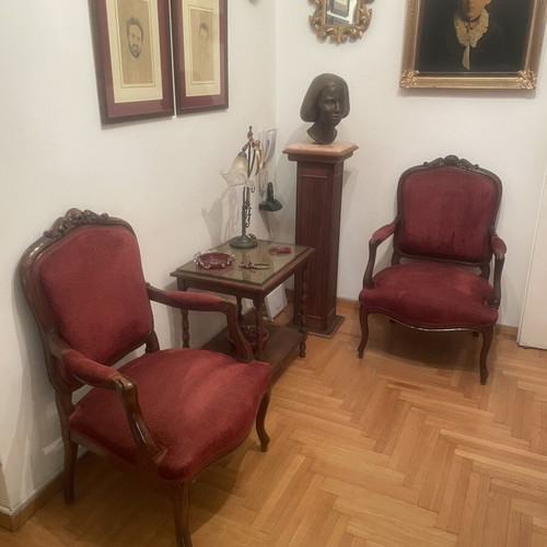 Two Louis Quatorze armchairs and two chairs used, carved walnut wood, handmade