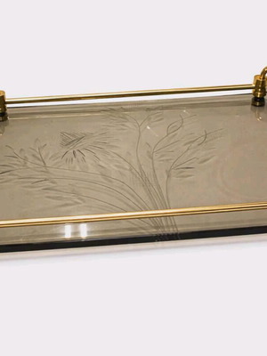Vintage serving tray smoked glass with gold details and engraved design like new