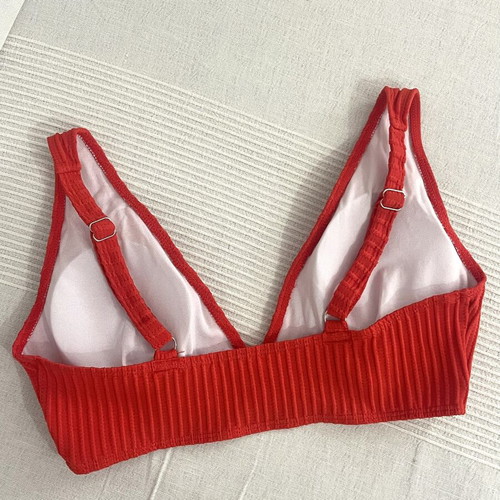 Coral high-waisted bikini with ribbed texture, medium