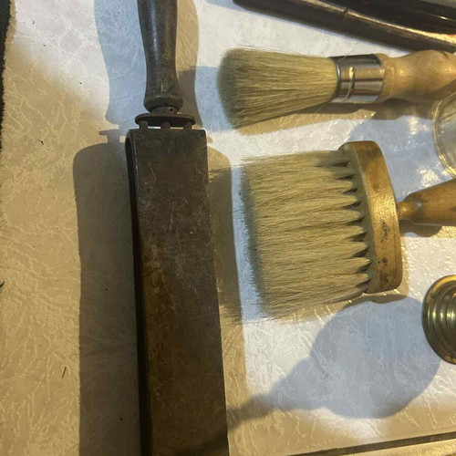 Barber items used, vintage set of 7 pieces with Solinger razor