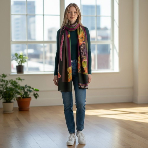 Etro Milano silk scarf used with botanical fruit and vegetable design