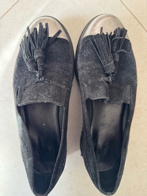 Suede loafers black double sole with silver detail and tassels like new, size 36
