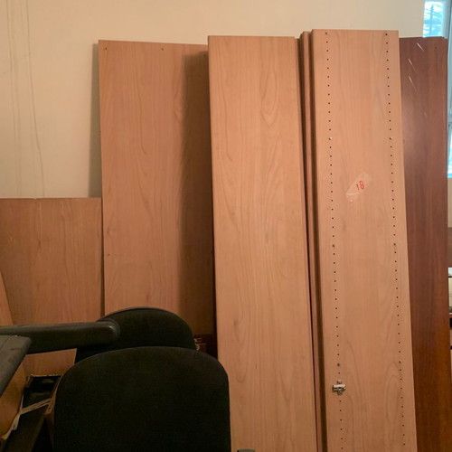 Neoset office furniture set with desks, bookcases, and rolling drawers