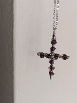 Cross necklace with purple beads and crystals handmade