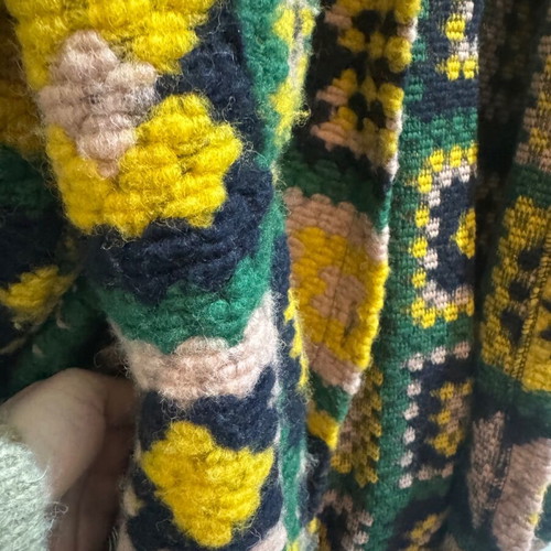 Knitted cardigan long like new, multicolored with pockets