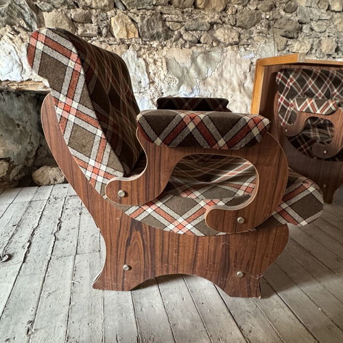 Vintage armchairs retro pair of 2 used with wooden frame and plaid upholstery