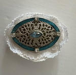 Handmade brooch vintage style with lace detail like new, turquoise and silver