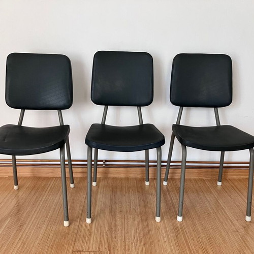Metal chairs used, set of 3 with vinyl upholstery