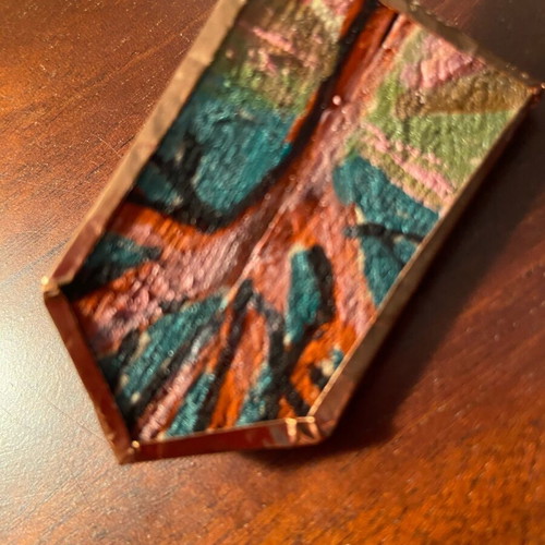 Unique hand-painted pin, wood with copper and leather, new
