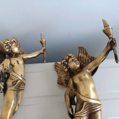 Bronze antique statues pair like new, winged angels with torches 1820