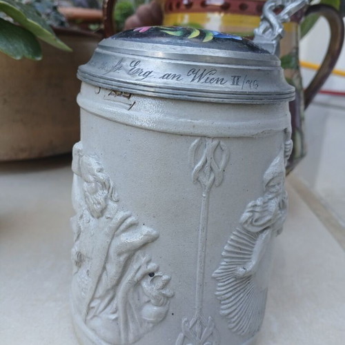 Antique German Westerwald Salt-Glazed Stoneware Beer Stein with Pewter Lid used