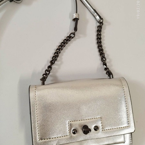 Silver metallic structured shoulder bag with chain and leather detail new
